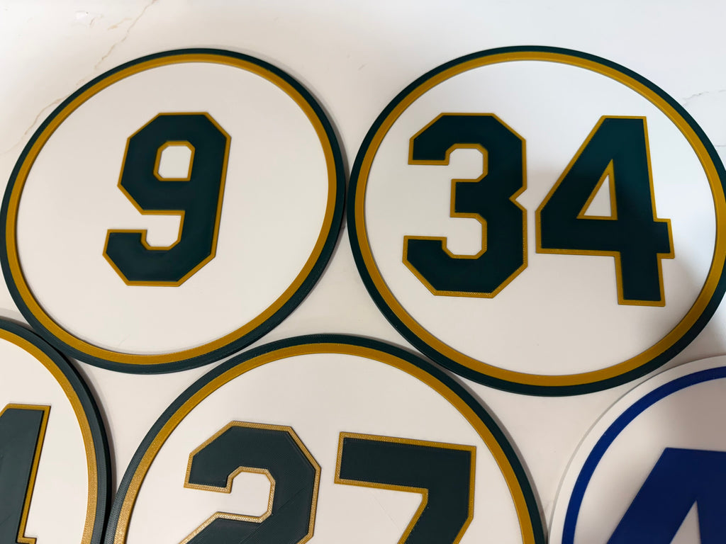 Oakland Baseball Retired Number Wall Plaque | 3D Printed Green &amp; Gold Sign | Man Cave Decor