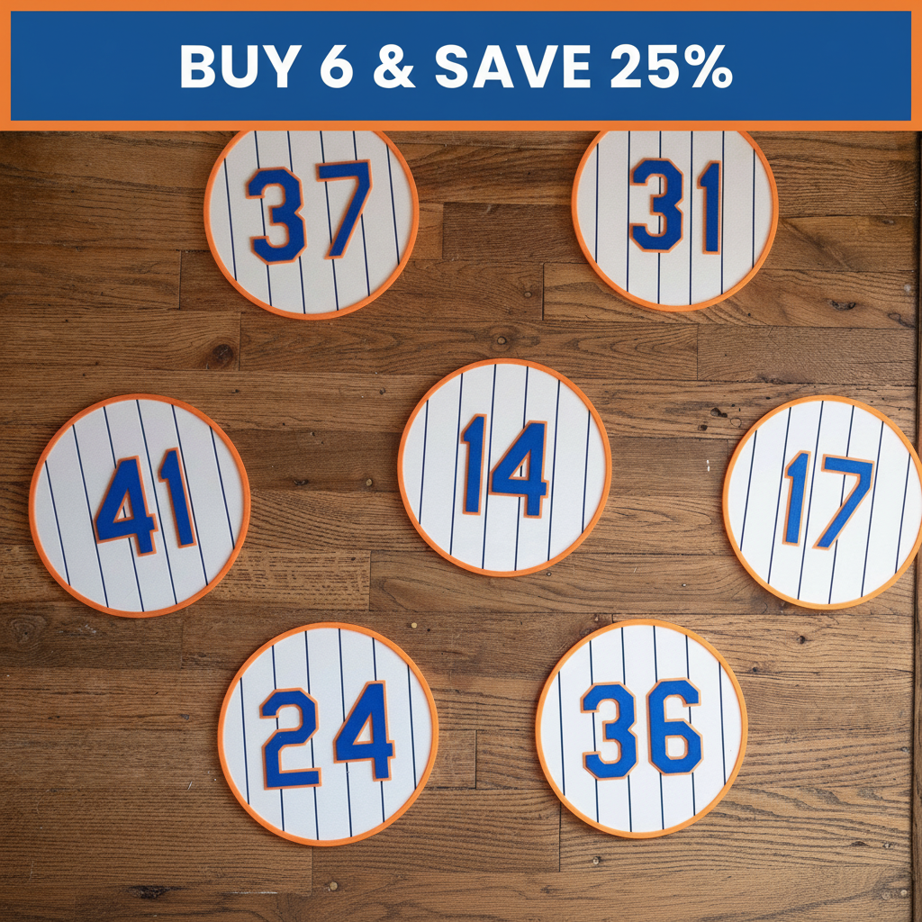 Mets Retired Numbers with Buy 6 Save 25% Banner