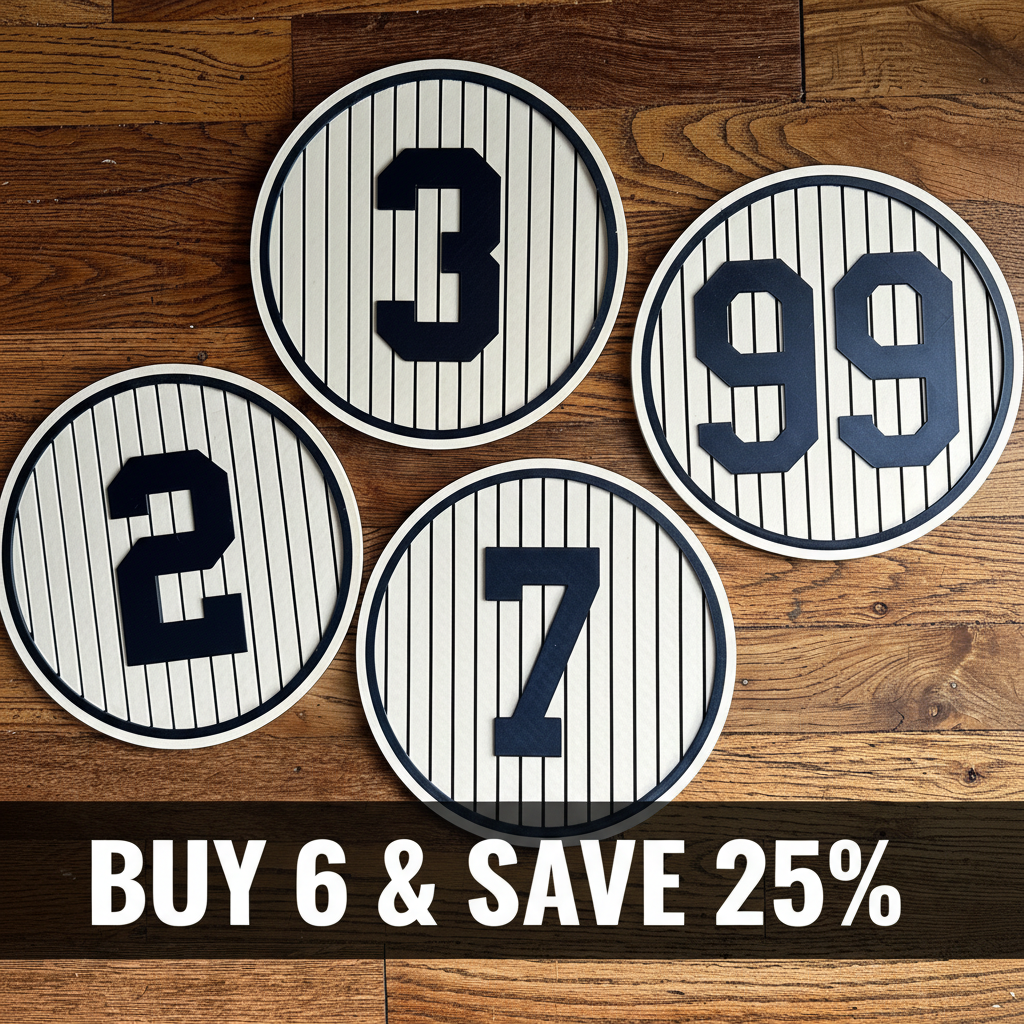 Yankees Retired Numbers with Buy 6 Save 25% Banner